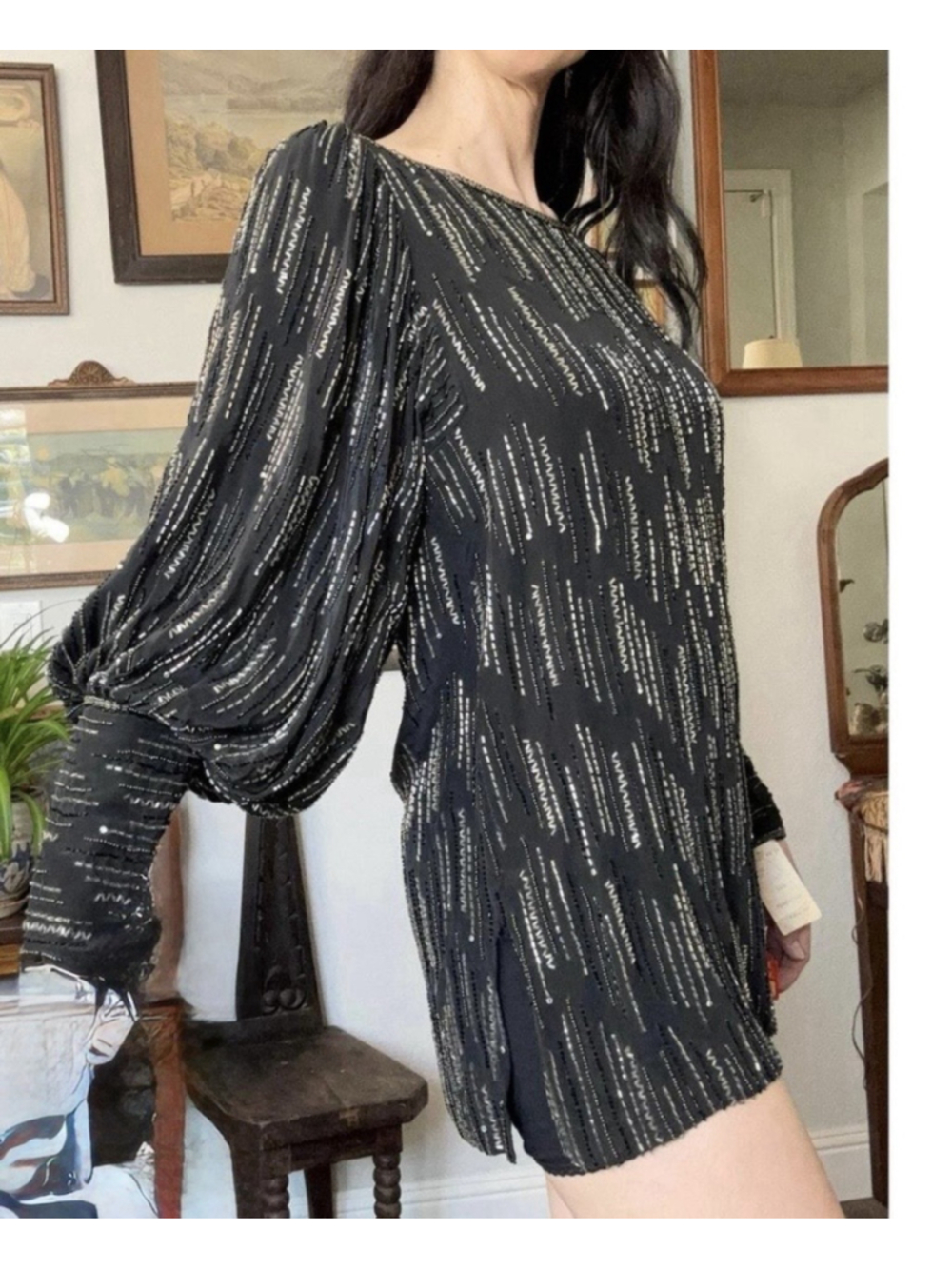Vintage 1980s Argenti Silk Black Beaded Mini Dress Balloon Sleeves Evening